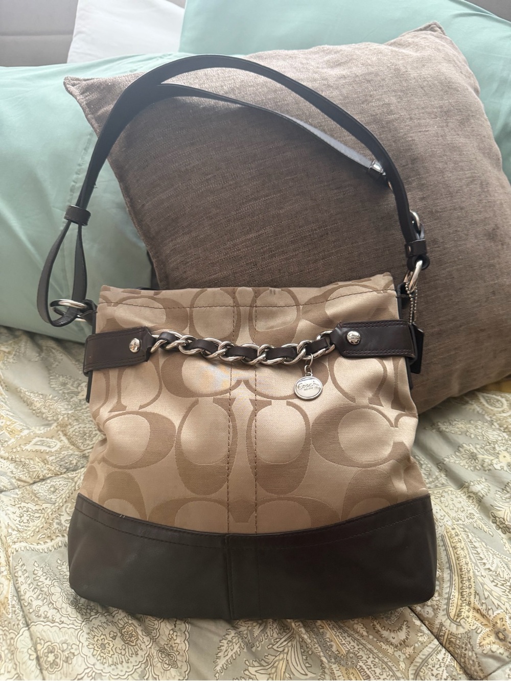 Coach Beige Signature Canvas Shoulder Bag with Dark Brown Leather Trim